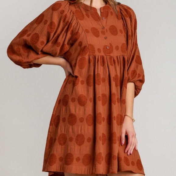 Solid Textured Round Neck Puffy Sleeve Dress