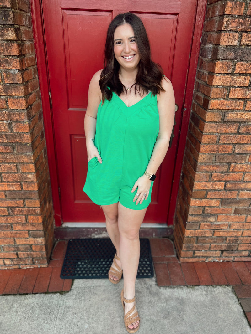Kelly Green V Neck French Terry Romper