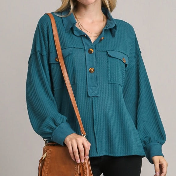 Waffle and Fleece Rib Contrast Top with Buttons