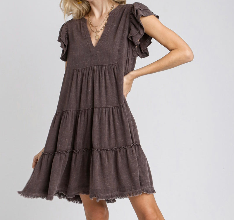 Mineral Wash Tiered A-Line Short Dress with Double Ruffle Layered Sleeves