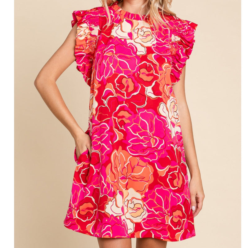 Red and Pink Floral Print Dress