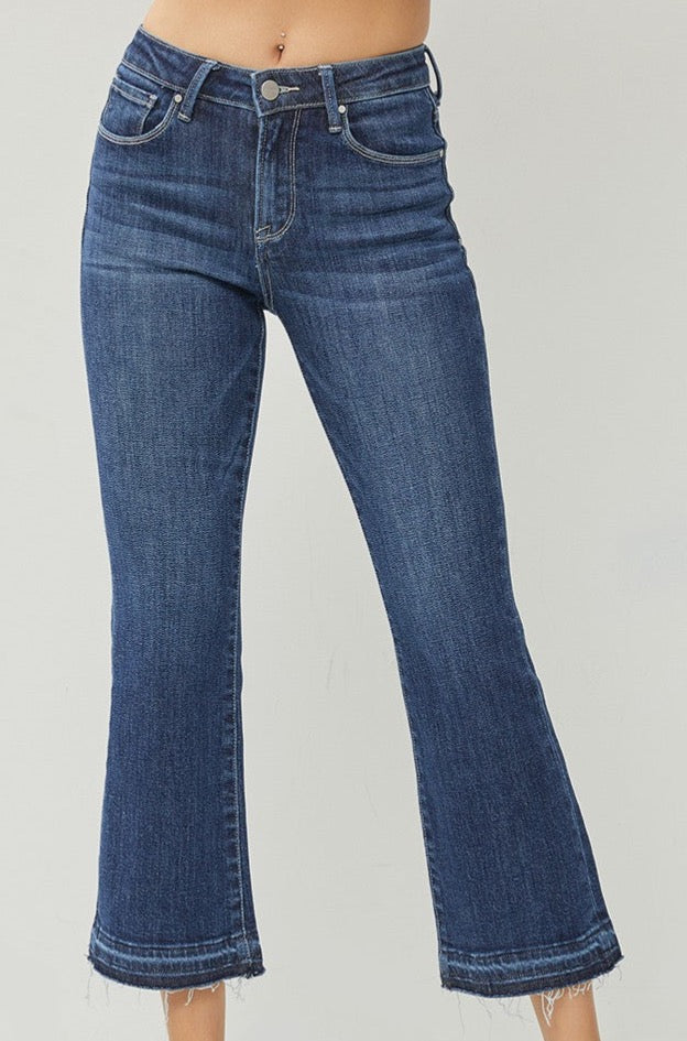 High Rise Crop Flare Jeans with Denim Band Bottom