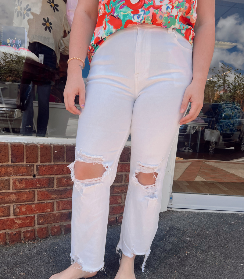 White Distressed High Rise Straight Crop Jeans