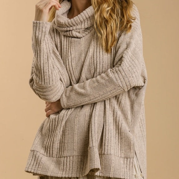 Ribbed Knit Long Sleeve Cowl Neck Sweater
