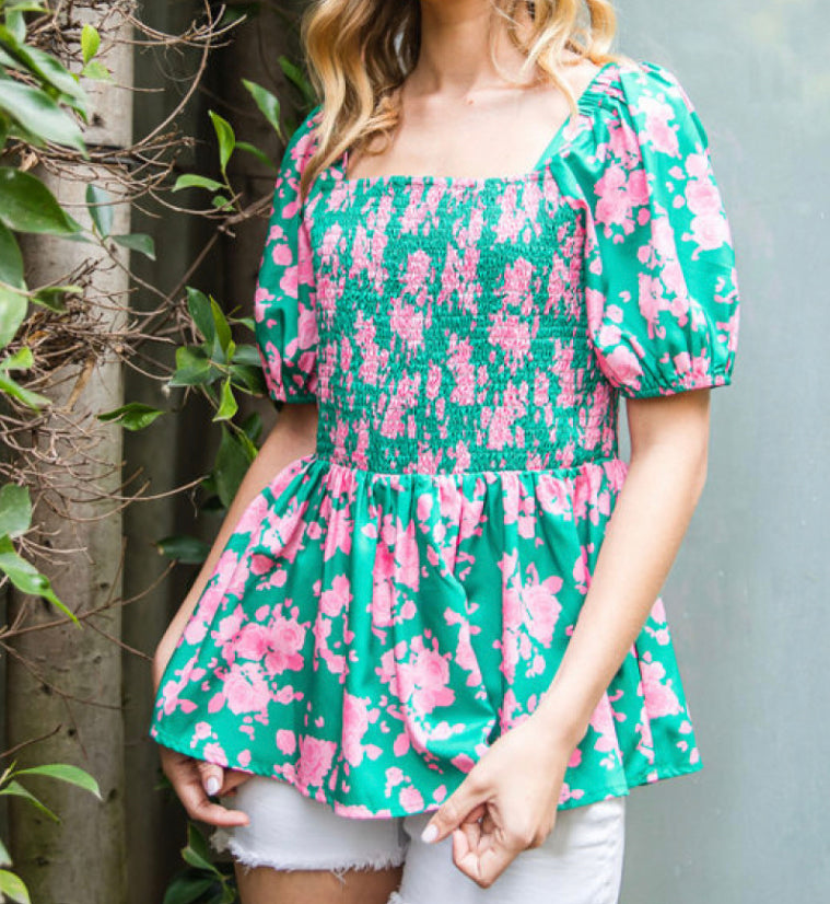 Smocked Floral Bubble Sleeve Top