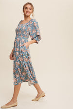 Sage Floral Print Puff Sleeve Smocked Midi Dress