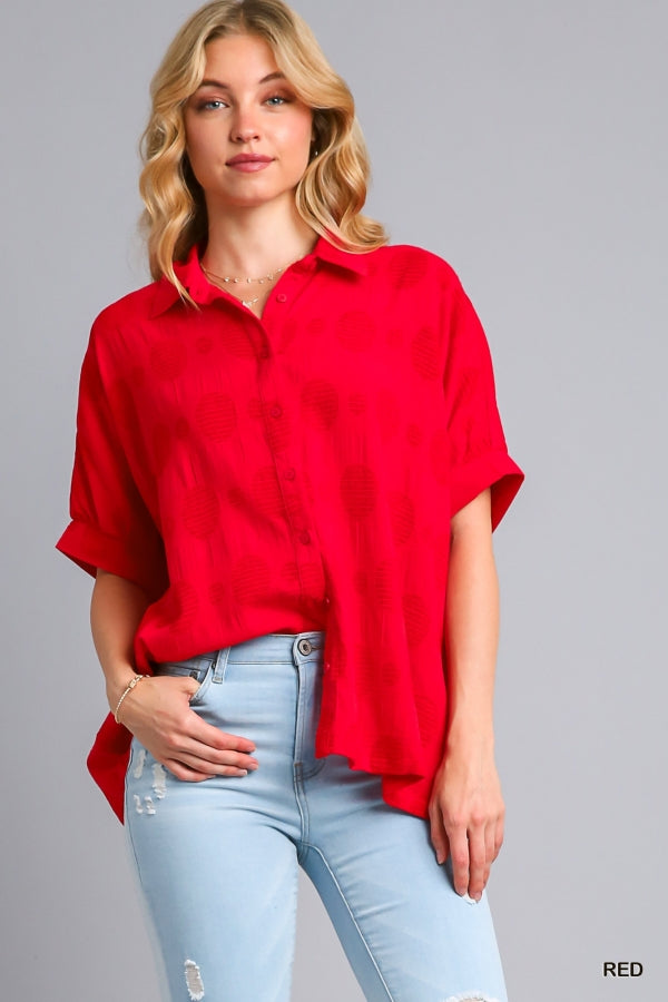 Red Textured Dot Detailed Top