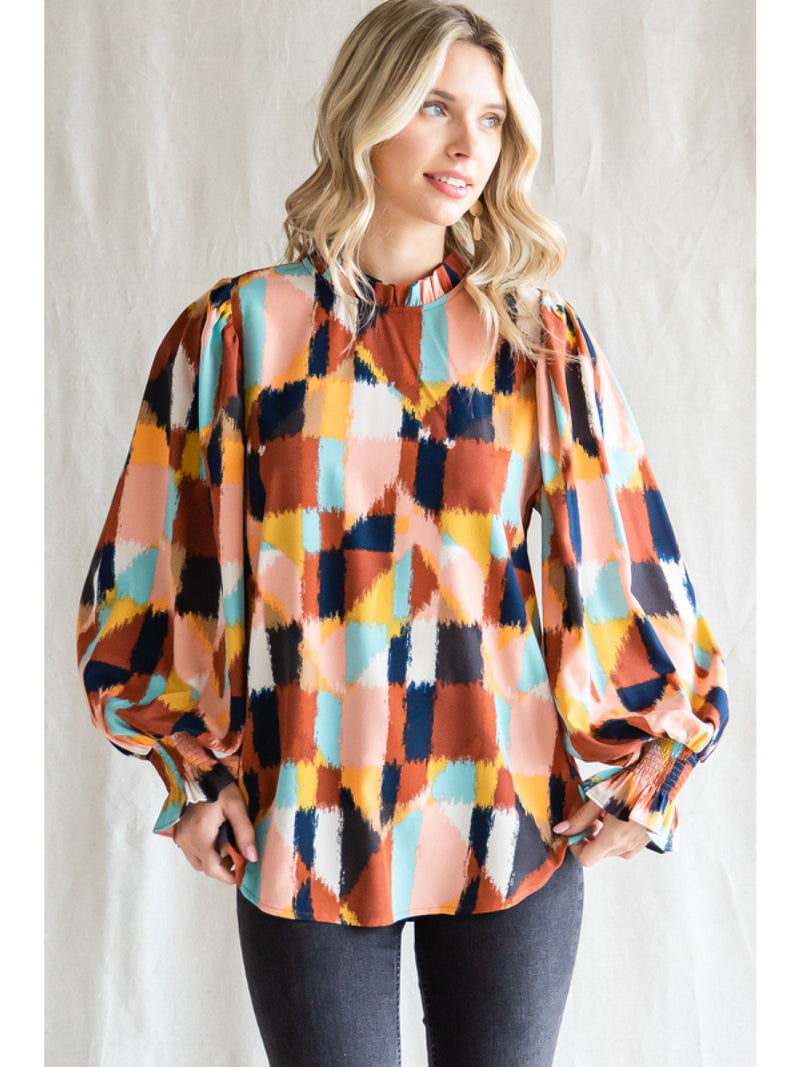 Abstract Print Mock Neck Top