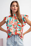 Tomato Floral Printed Mock Neck Top