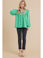 Green Print Top with Embroidery Neck