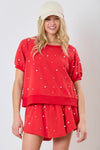 Red Pearl Embellished Raglan Puff Top