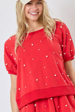 Red Pearl Embellished Raglan Puff Top