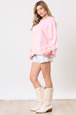 Pink Sequin Ribbon Embroidery Sweatshirt