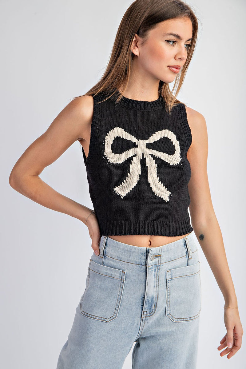 Black Bow Print Sleeveless Sweater Tank