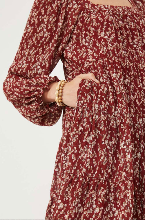 Burgundy Ditsy Floral Puff Sleeve Dress