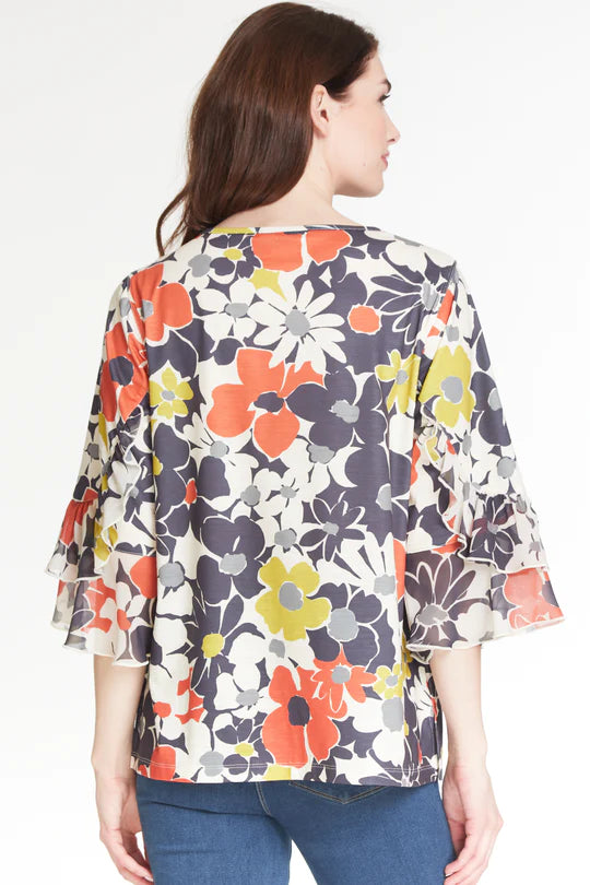 Floral Print Ruffle Sleeve Knit Top