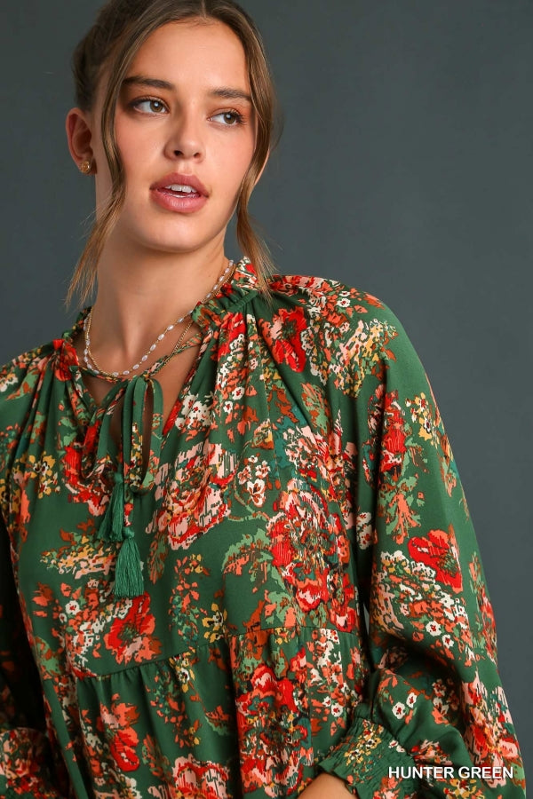 Hunter Green Floral Print Tiered Maxi Dress