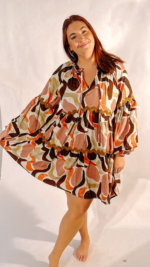 Clay/Brown Abstract Print Dress