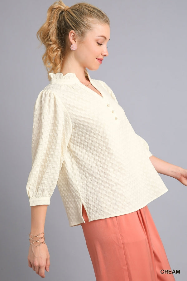 Cream Textured V-Notched Ruffle Top