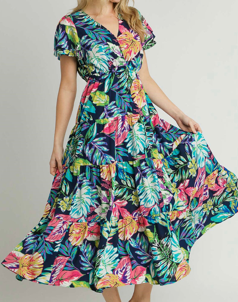 Floral Mixed Print V-Neck Midi A-Line Dress with Short Sleeve