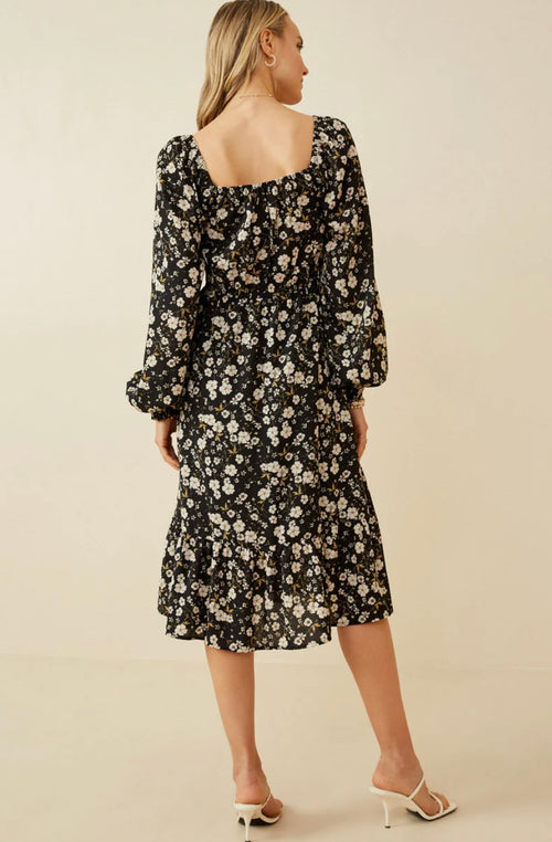 Long Sleeve Smocked Bodice Midi Dress
