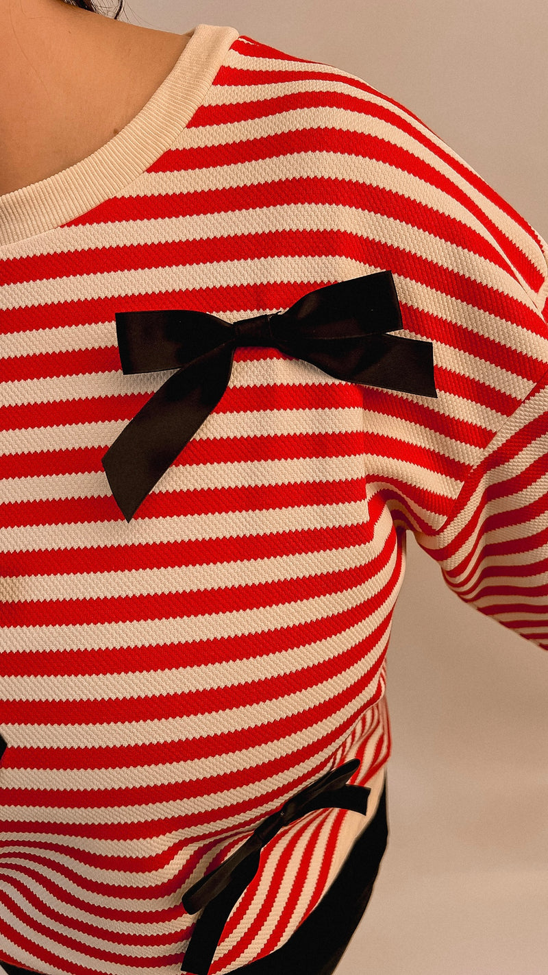 Red/White Stripe Bow Sweatshirt