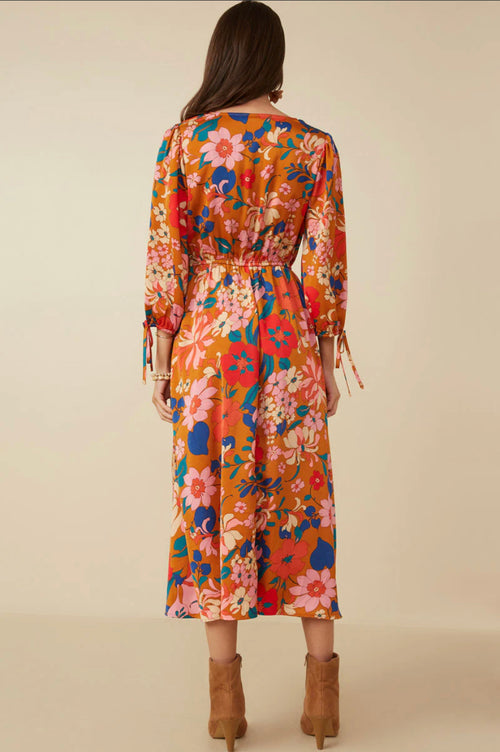Retro Floral Satin Tie Sleeve Midi Dress