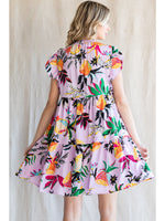 Lavender Tropical Print Frill Neck Dress