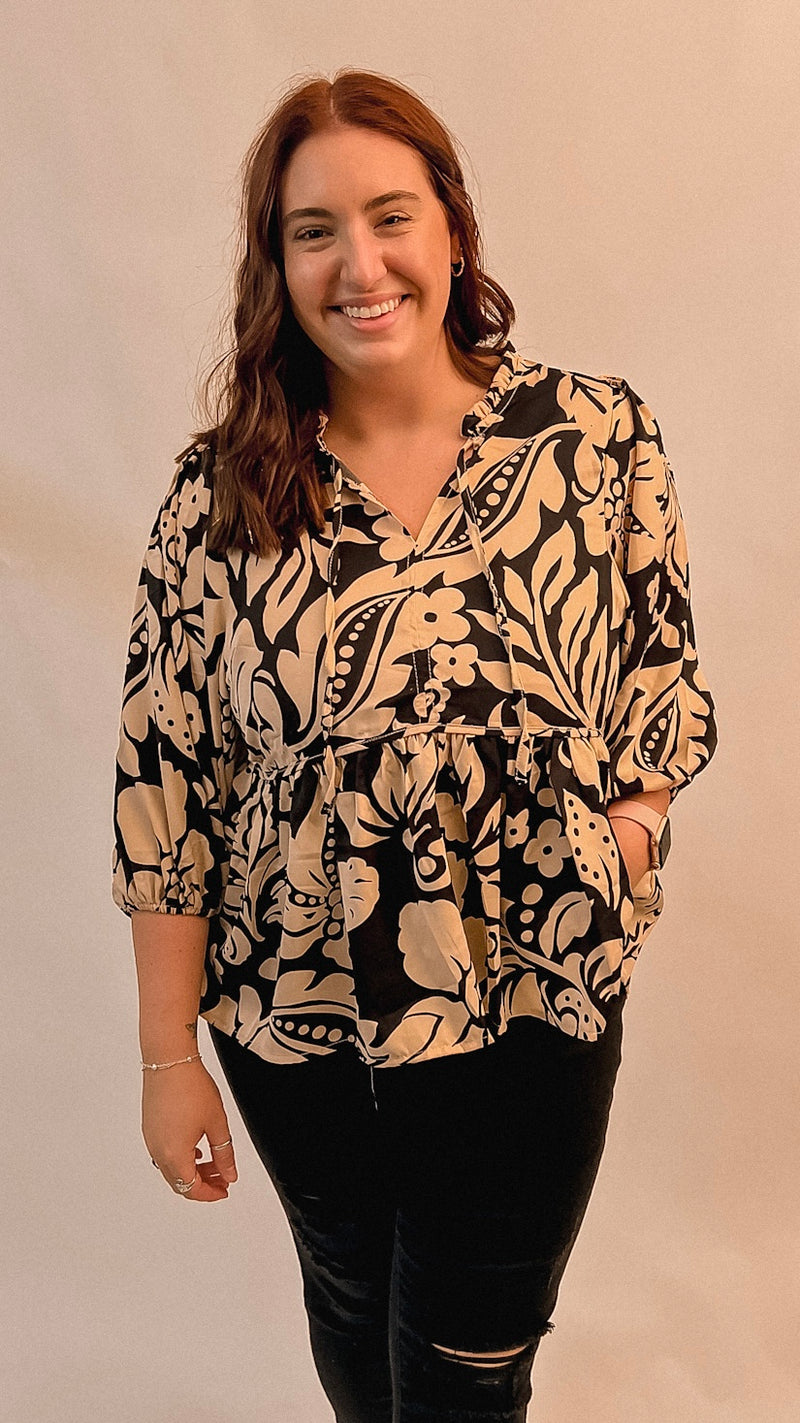 Black/Tan Floral Print Tie Front Top