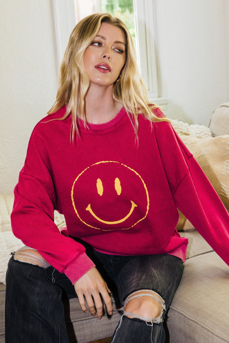 Magenta Happy Face Washed Knit Pullover