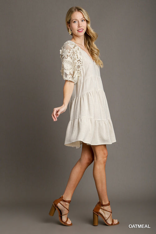 Oatmeal Floral Lace Sleeve Linen Dress