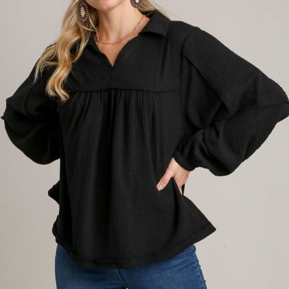 Cotton Gauze Collared V-Neck Top with Frays