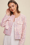 Pink Sequin Tweed Button Down Jacket