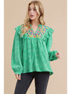Green Print Top with Embroidery Neck