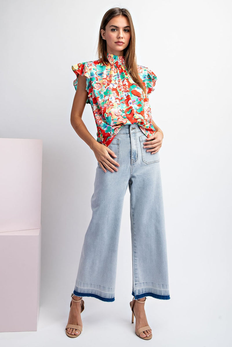 Tomato Floral Printed Mock Neck Top