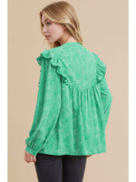 Green Print Top with Embroidery Neck