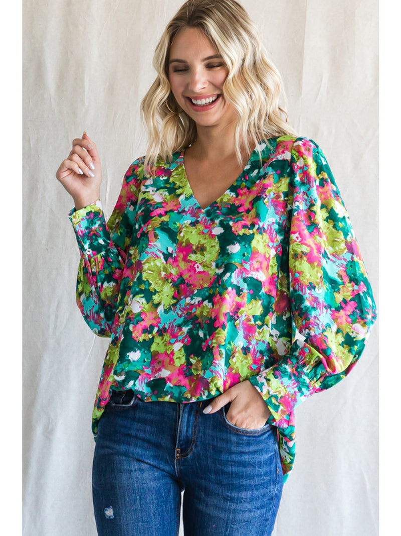 Green/Pink V-Neck Bubble Sleeve Top