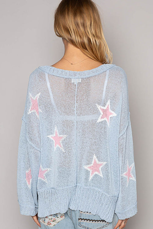 Sky Blue Star Print Lightweight Sweater