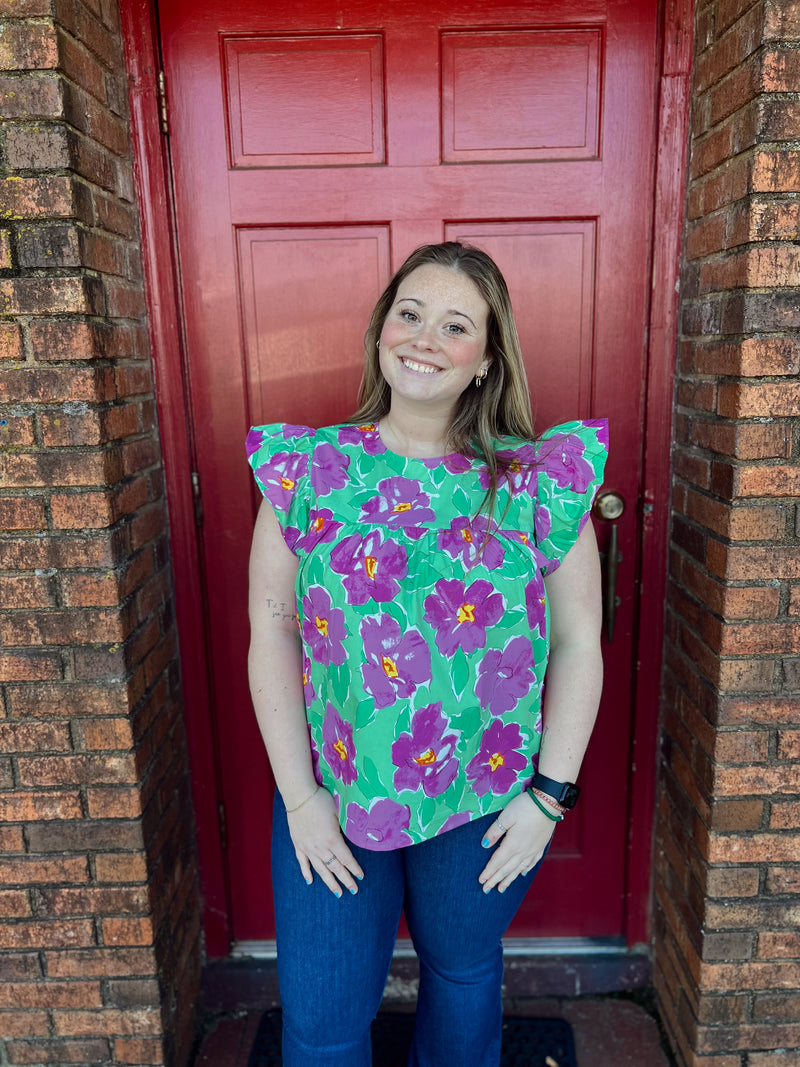 Green/Pink Watercolor Floral Blouse