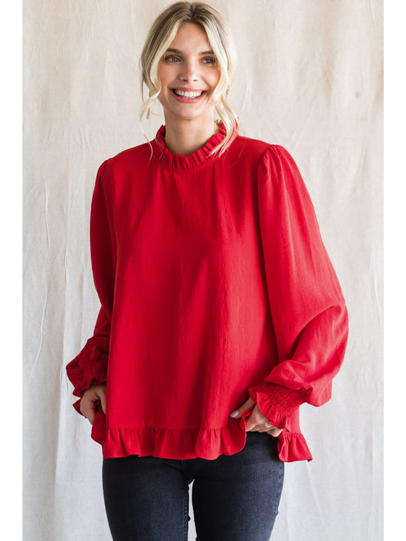 Red Frilled Neck Peasant Sleeve Top