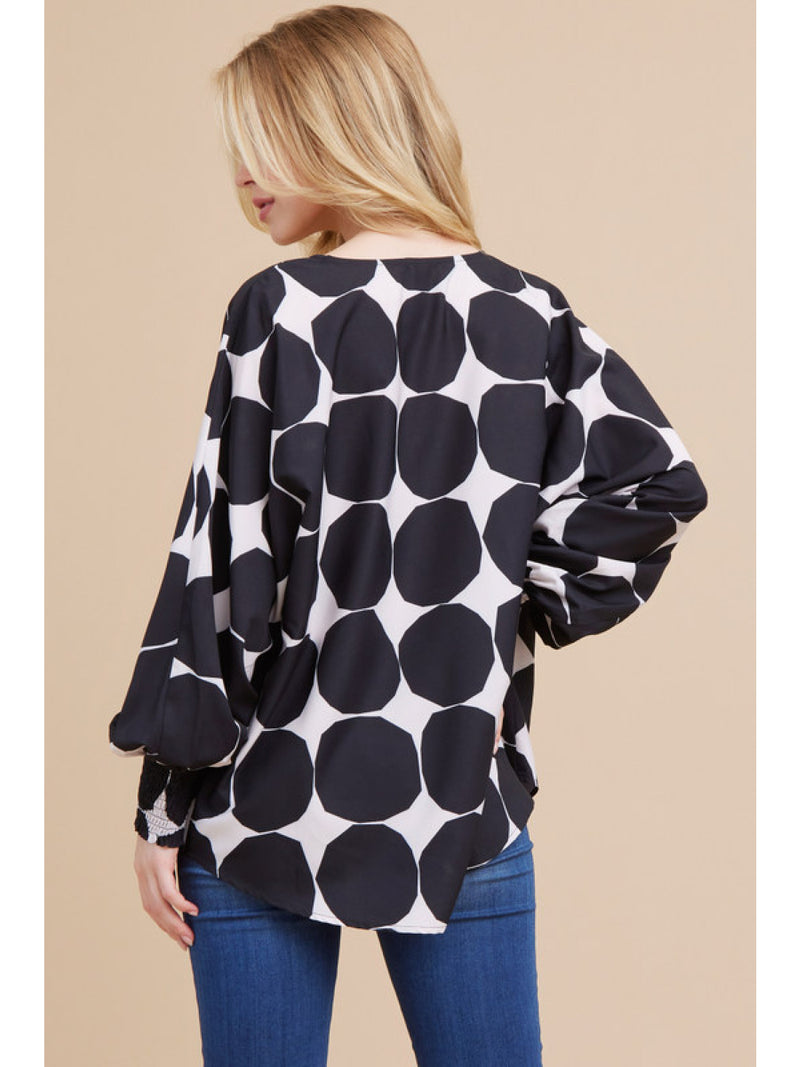 Black/White Dot Print Long Sleeve Top
