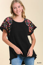 Black Embroidered Sleeve Linen Top