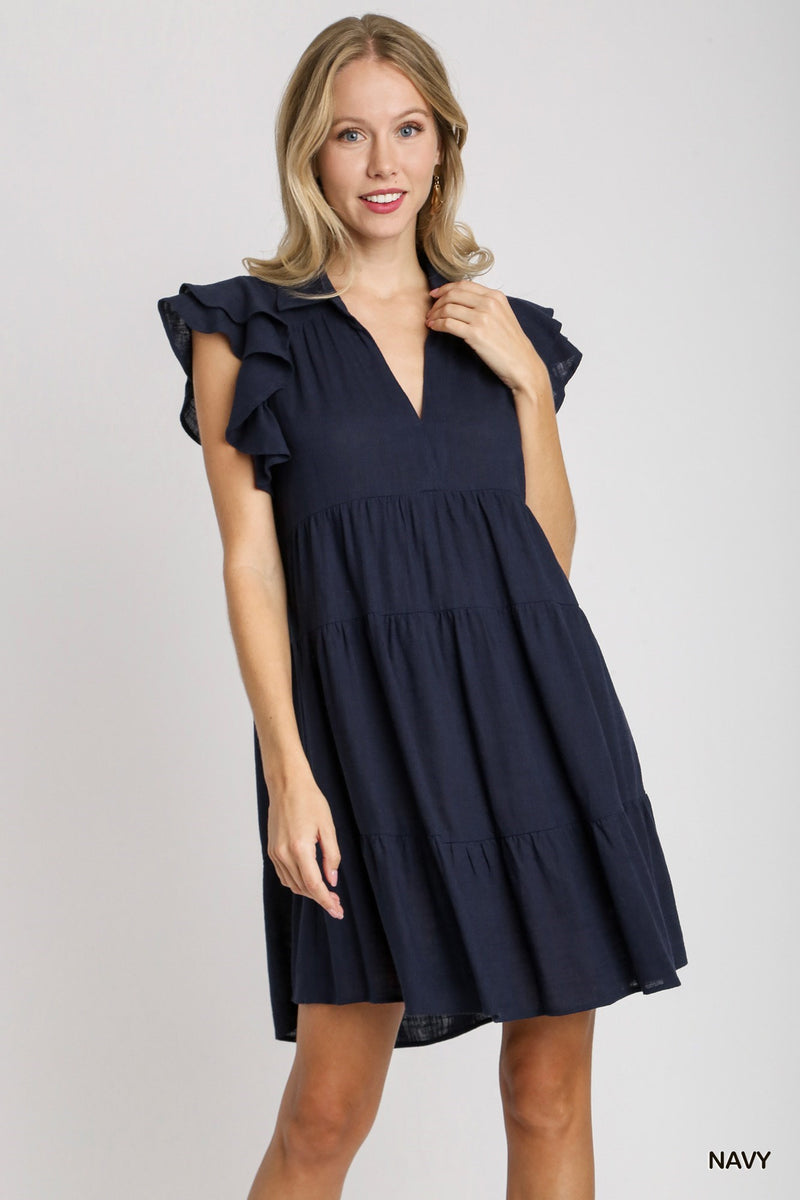 Navy Linen Collar Split Neck Dress