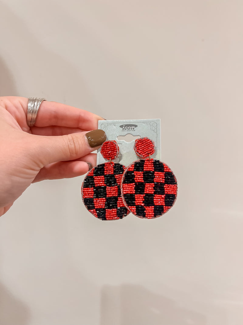 Beaded Red and Black Checker Earrings