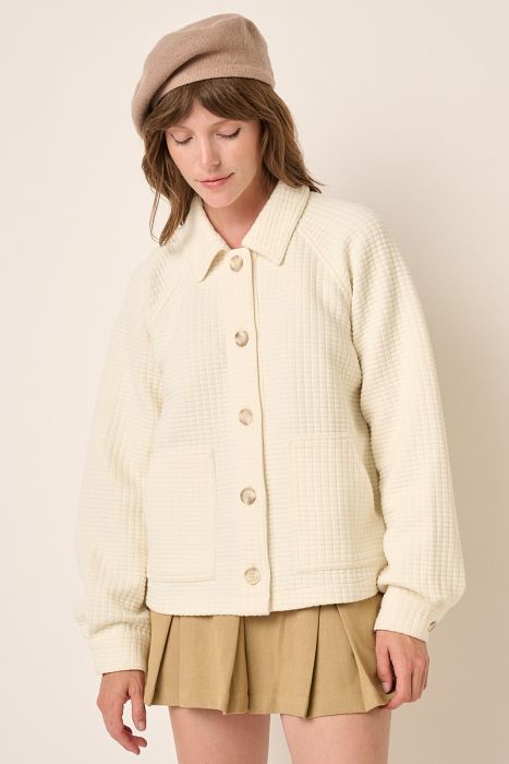 Cream Waffle Knit Button Shirt Jacket