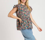 Floral Print Ruffle Neckline Baby Doll Top with Back Keyhole, & Shoulder Shirring Details