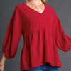 V-Neck Baby Doll Top with Slight Puffed 3/4 Sleeves