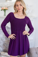 Smocked Bodice Long Sleeve Dress with Built-In Shorts
