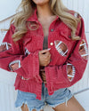 Red Curduroy Sequin Football Cropped Jacket