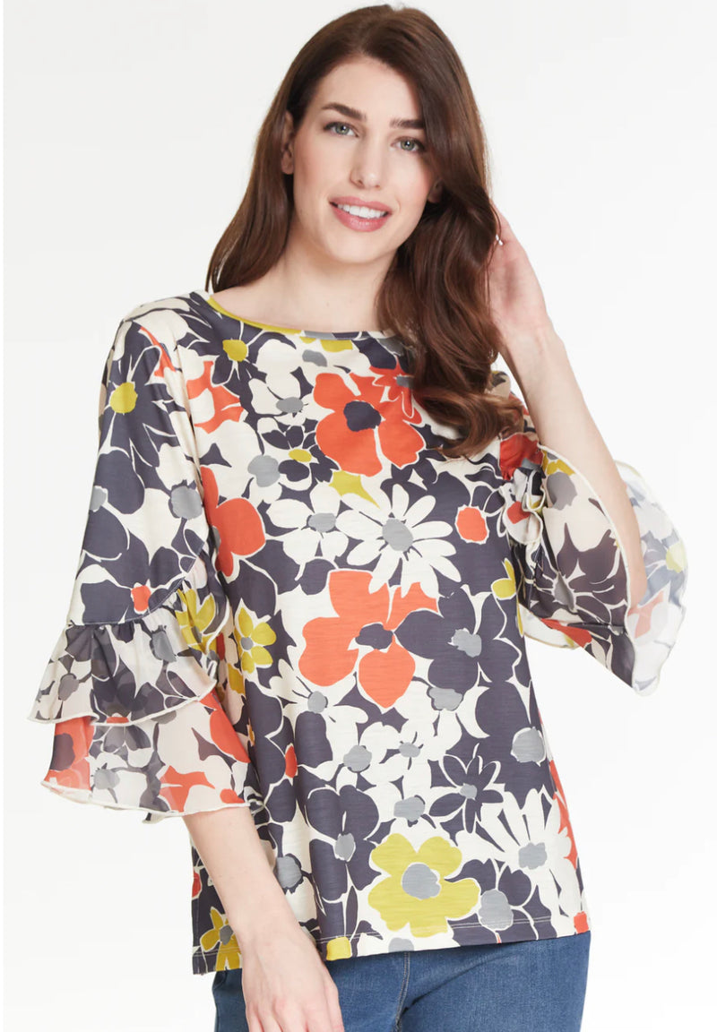 Floral Print Ruffle Sleeve Knit Top